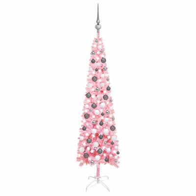 vidaXL rózsaszín megvilágított vékony műkarácsonyfa gömb szettel 150cm