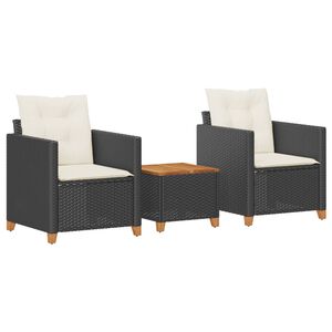 vidaXL 3 r&eacute;szes fekete polyrattan &eacute;s ak&aacute;cfa bisztr&oacute;szett p&aacute;rn&aacute;kkal