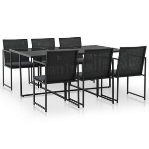vidaXL 7-r&eacute;szes fekete polyrattan k&uuml;lt&eacute;ri &eacute;tkezőszett p&aacute;rn&aacute;kkal