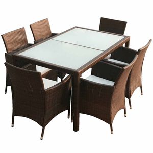 vidaXL 7-r&eacute;szes barna k&uuml;lt&eacute;ri polyrattan &eacute;tkezőszett p&aacute;rn&aacute;kkal
