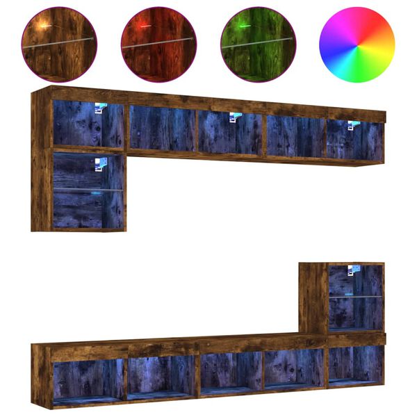 vidaXL 8 darab f&uuml;st&ouml;s t&ouml;lgy sz&iacute;nű szerelt fa TV-b&uacute;tor LED-del