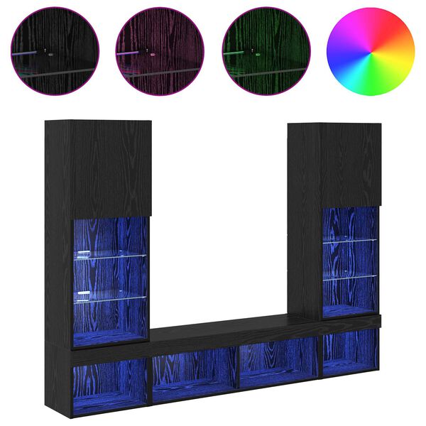 vidaXL TV Fali Egys&eacute;gek LED-del leddel 5 pcs Fekete t&ouml;lgy Faanyag