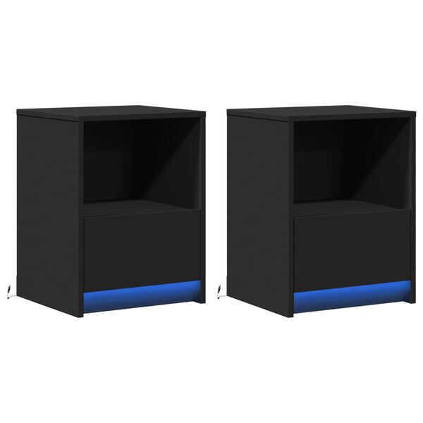 vidaXL 2 db fekete szerelt fa éjjeliszekrény LED-fényekkel