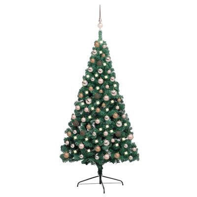 vidaXL zöld megvilágított fél műkarácsonyfa gömb szettel 150 cm