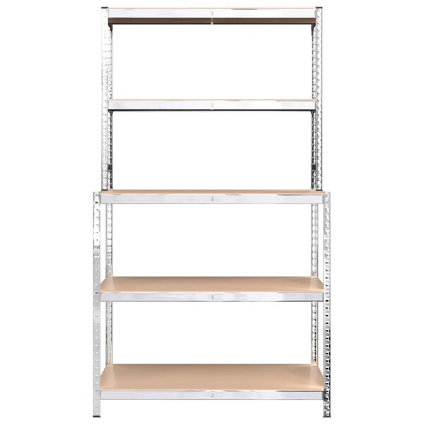 vidaXL 5 szintes ezüstszínű acél és szerelt fa munkaasztal polcokkal