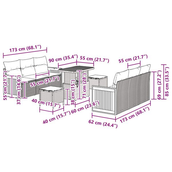 vidaXL Kerti Kanap&eacute; Szett p&aacute;rn&aacute;val 11 pcs Fekete polirattan