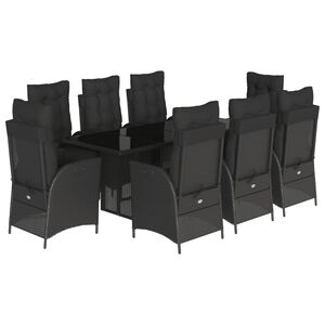 vidaXL 9 r&eacute;szes fekete polyrattan kerti &eacute;tkezőgarnit&uacute;ra p&aacute;rn&aacute;kkal