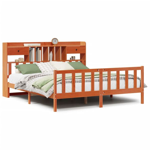 vidaXL barna tömör fenyőfa könyvespolcos ágy matrac nélkül 200 x 200cm