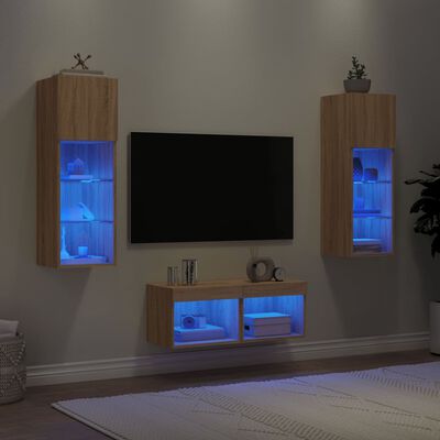 vidaXL 4 darab sonoma tölgy színű falra szerelhető TV-szekrény LED-del