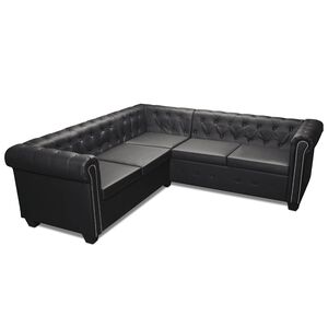 vidaXL 5 szem&eacute;lyes fekete műbőr Chesterfield sarokkanap&eacute;