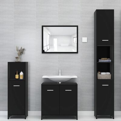 vidaXL 3 részes fekete forgácslap fürdőszobai bútorszett