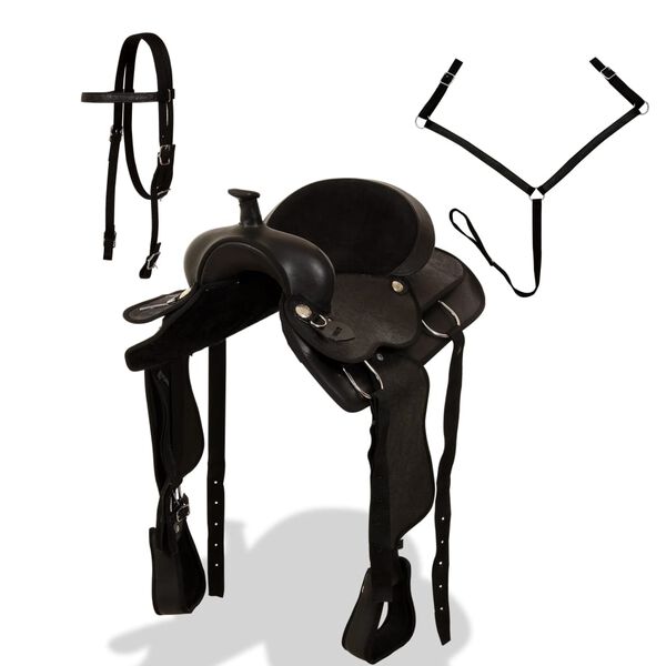 vidaXL fekete val&oacute;di bőr western nyereg, k&ouml;tőf&eacute;k &eacute;s nyakh&aacute;m 16"