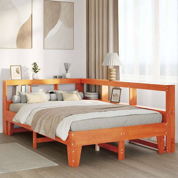 vidaXL barna t&ouml;m&ouml;r fenyőfa k&ouml;nyvespolcos &aacute;gy matrac n&eacute;lk&uuml;l 140 x 190cm