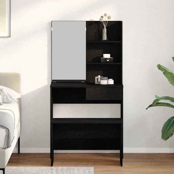 vidaXL Sminkasztal K&eacute;szlet fi&oacute;kkal t&uuml;k&ouml;rrel 2 pcs Fekete t&ouml;lgy Faanyag