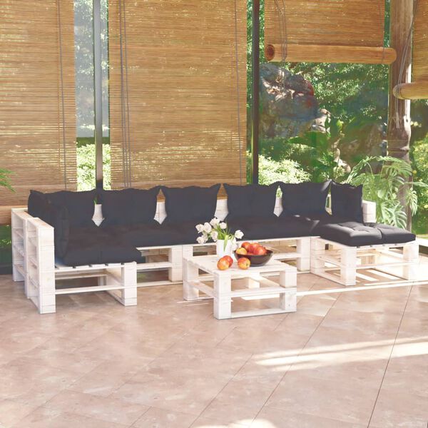 vidaXL 8 r&eacute;szes fenyőfa kerti raklap-b&uacute;torgarnit&uacute;ra p&aacute;rn&aacute;kkal