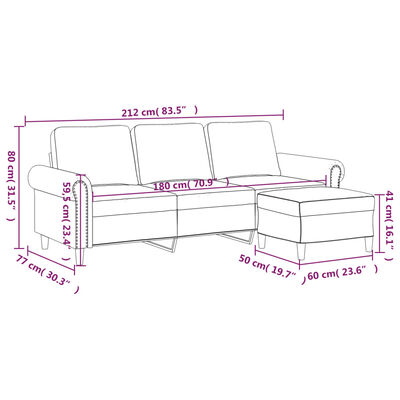vidaXL 3 személyes világosszürke bársony kanapé lábtartóval 180 cm