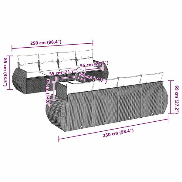 vidaXL 9 r&eacute;szes vil&aacute;gossz&uuml;rke polyrattan kerti &uuml;lőgarnit&uacute;ra p&aacute;rn&aacute;val