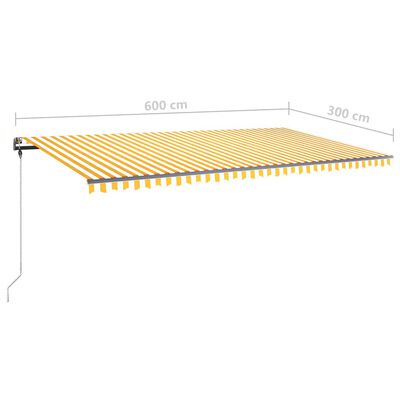vidaXL sárga és fehér kézzel kihúzható LED-es napellenző 600x300 cm