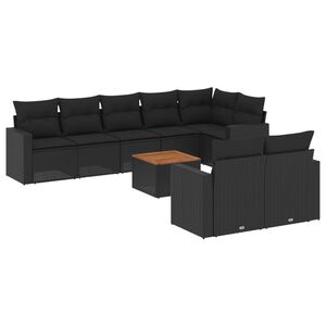 vidaXL 9 r&eacute;szes fekete polyrattan kerti &uuml;lőgarnit&uacute;ra p&aacute;rn&aacute;kkal