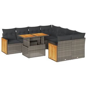 vidaXL 9 r&eacute;szes sz&uuml;rke polyrattan ak&aacute;cfa kerti &uuml;lőgarnit&uacute;ra p&aacute;rn&aacute;kkal