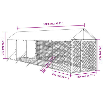 vidaXL ezüstszínű horganyzott acél kutyakennel tetővel 2x10x2,5 m