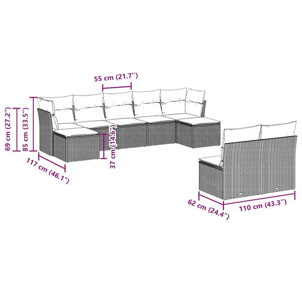 vidaXL 9 r&eacute;szes fekete polyrattan kerti &uuml;lőgarnit&uacute;ra p&aacute;rn&aacute;kkal