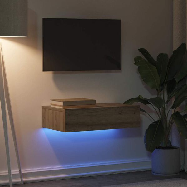 vidaXL kézműves tölgy színű TV-szekrény LED-lámpákkal 60x35x15,5 cm