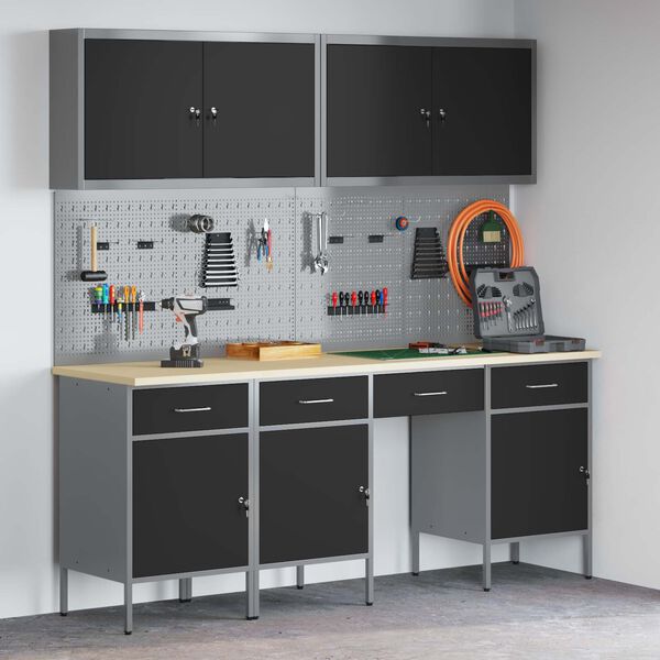 vidaXL Munkaszekr&eacute;ny fi&oacute;kkal z&aacute;rral 10 pcs Fekete Műszaki fa &eacute;s ac&eacute;l