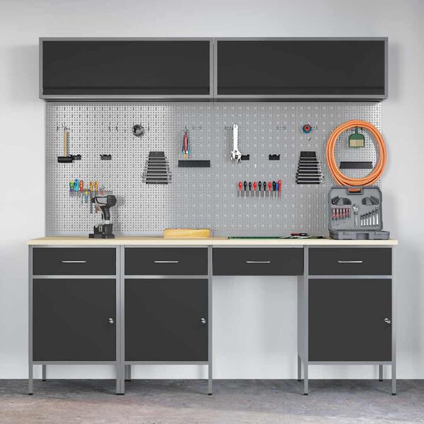 vidaXL Munkaszekr&eacute;ny K&eacute;szlet 10 pcs Fekete Porsz&oacute;rt Ac&eacute;l &eacute;s M&eacute;rn&ouml;ki Fa