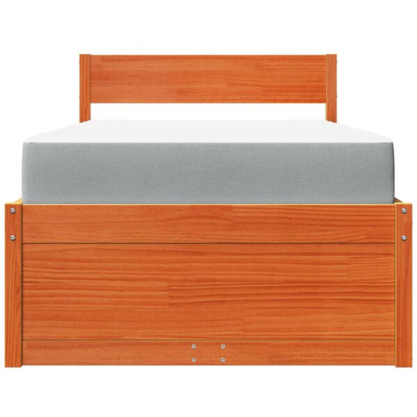 vidaXL viaszbarna t&ouml;m&ouml;r fenyőfa &aacute;gy fi&oacute;kokkal &eacute;s matraccal 90 x 190 cm