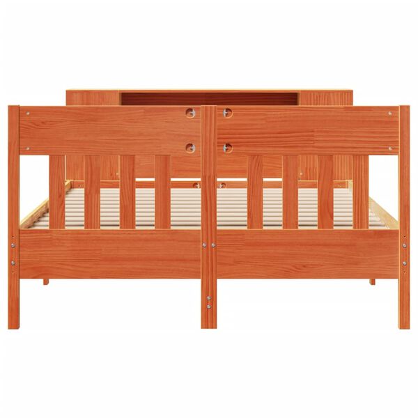 vidaXL barna t&ouml;m&ouml;r fenyőfa k&ouml;nyvespolcos &aacute;gy matrac n&eacute;lk&uuml;l 135 x 190cm