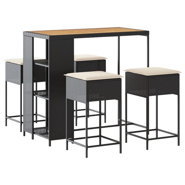 vidaXL 5 r&eacute;szes fekete polyrattan kerti b&aacute;rszett p&aacute;rn&aacute;val