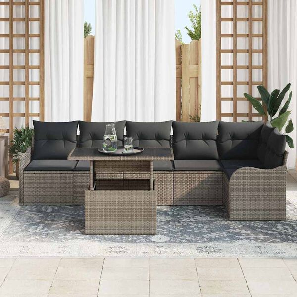 vidaXL Kerti Kanap&eacute; Szett p&aacute;rn&aacute;val p&aacute;rn&aacute;val 7 pcs Sz&uuml;rke Poly Rattan