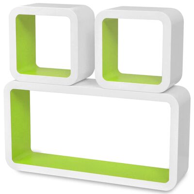 3 négyszögű fehér-zöld MDF lebegő fali könyvpolc/DVD tároló