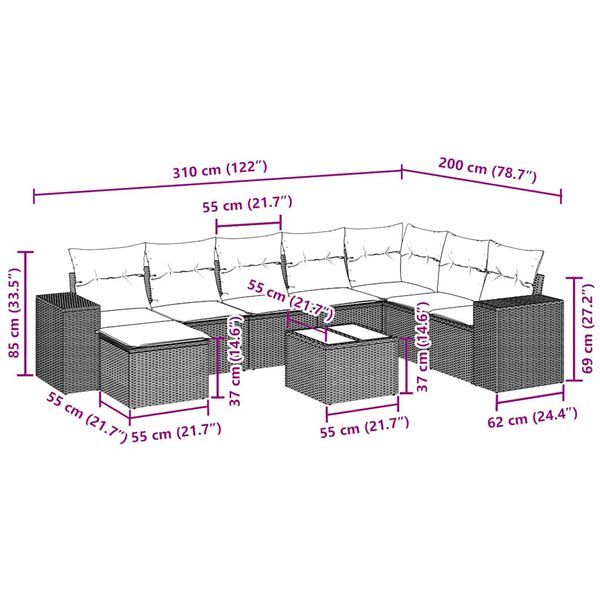 vidaXL 9 r&eacute;szes fekete polyrattan kerti &uuml;lőgarnit&uacute;ra p&aacute;rn&aacute;kkal