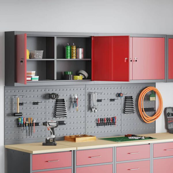 vidaXL Szersz&aacute;mszekr&eacute;ny &eacute;s pegboard szett polcokkal z&aacute;rral 6 pcs Piros
