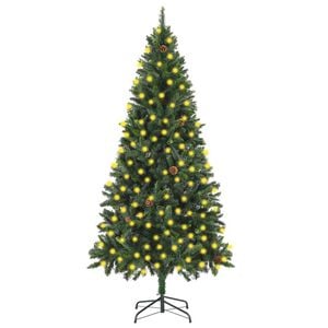 vidaXL z&ouml;ld megvil&aacute;g&iacute;tott műkar&aacute;csonyfa g&ouml;mb szettel/tobozzal 210 cm