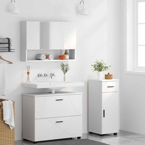 vidaXL F&uuml;rdőszoba b&uacute;tor szett fi&oacute;kkal 3 pcs Feh&eacute;r M&eacute;rn&ouml;ki fa &eacute;s f&eacute;m