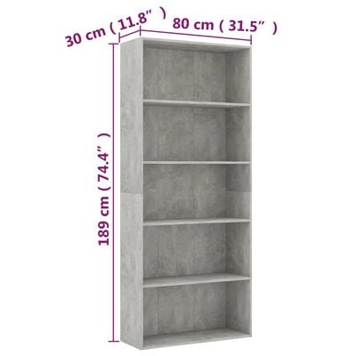 vidaXL 5 szintes betonszürke forgácslap könyvszekrény 80 x 30 x 189 cm