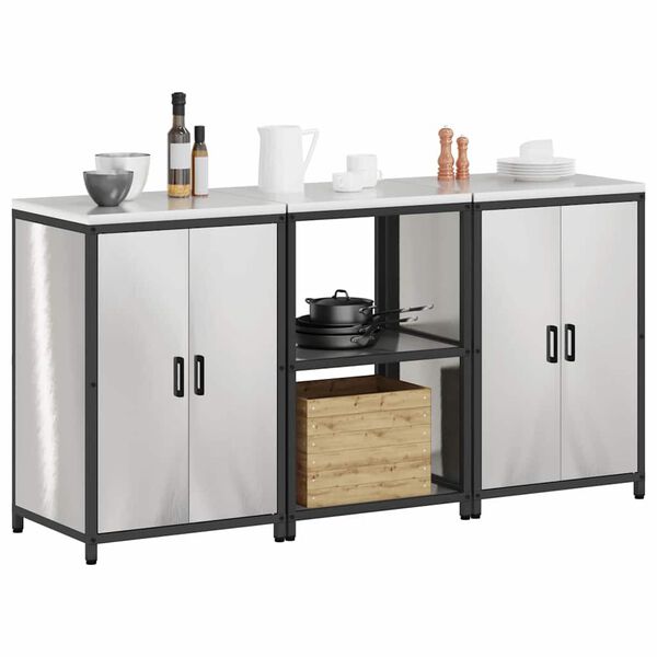 vidaXL Konyhai T&aacute;rol&oacute; K&eacute;szlet polcokkal 3 pcs Ez&uuml;st Rozsdamentes ac&eacute;l