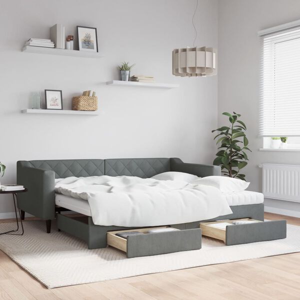 vidaXL sötétszürke kihúzható szövet heverő fiókkal 90 x 190 cm