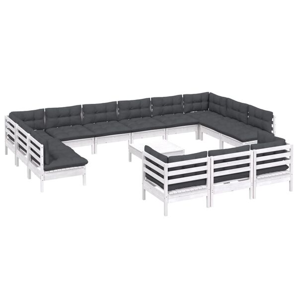 vidaXL 14 r&eacute;szes feh&eacute;r fenyőfa kerti &uuml;lőgarnit&uacute;ra p&aacute;rn&aacute;kkal