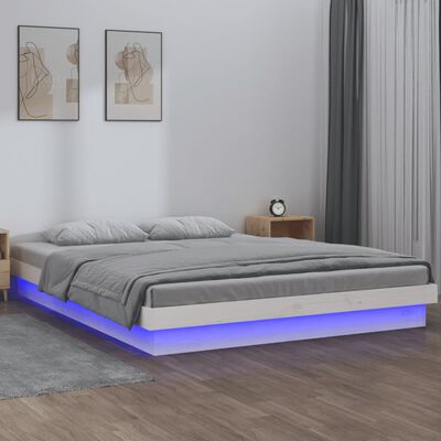 vidaXL kis kétszemélyes fehér tömör fa LED-es ágykeret 120 x 190 cm