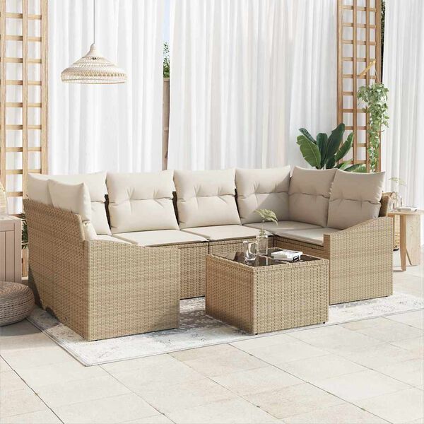 vidaXL Kanap&eacute; Szett p&aacute;rn&aacute;val p&aacute;rn&aacute;val 7 pcs Beige &eacute;s kr&eacute;m polirattan