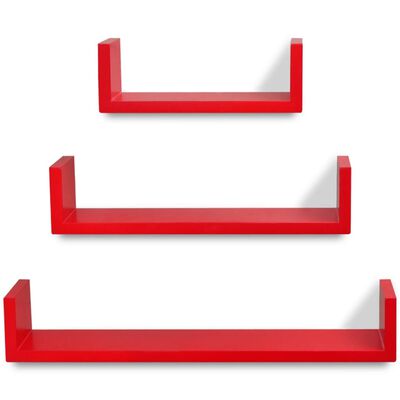 3 piros MDF U-alakú lebegő fali könyvpolc/DVD tároló