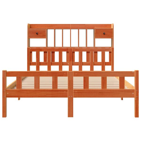 vidaXL barna t&ouml;m&ouml;r fenyőfa k&ouml;nyvespolcos &aacute;gy matrac n&eacute;lk&uuml;l 150 x 200cm