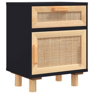 vidaXL fekete t&ouml;m&ouml;r fenyőfa &eacute;s term&eacute;szetes rattan &eacute;jjeliszekr&eacute;ny