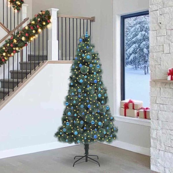 vidaXL Műfenyő előre vil&aacute;g&iacute;t&oacute;s kar&aacute;csonyfak&eacute;szlet g&ouml;mb&ouml;kkel 240 cm PET