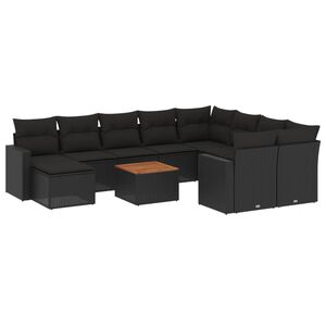 vidaXL 11 r&eacute;szes fekete polyrattan kerti &uuml;lőgarnit&uacute;ra p&aacute;rn&aacute;kkal