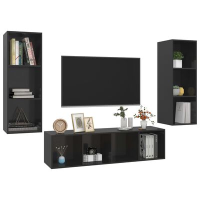 vidaXL 3 részes magasfényű fekete forgácslap TV-szekrény szett